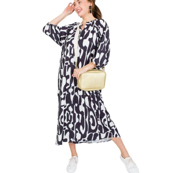Umgee LIKE NEW geometric black/white print popover midi dress w/ belt S - Picture 1 of 6